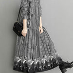 Vintage Loose Striped Buttoned Stand Collar Long Sleeves Midi Dress