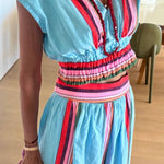 Light Blue Color-Blocked Striped V-Neck Fitted Waist Vacation Maxi Dress