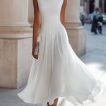 Draped Neck Sleeveless Pleated Midi Dress