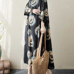Loose Three-quarter Sleeves Buttoned Flower Print Stand Collar Midi Dresses
