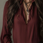 Boho V-Neck Deep Wine Red Blouse With Lace Cuffs