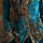 Boho Chic Vintage Peacock Blue Velvet Golden Print Fit Blouse
