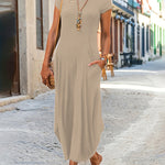 A-line Loose Pockets Solid Color Split-Joint Round-neck Midi Dresses