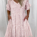 A-Line High Waisted Contrast Color Pleated Pockets Printed Split-Joint V-Neck Midi Dresses