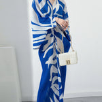 Original Batwing Sleeves Long Sleeves Contrast Color Printed Pleated V-Neck Midi Dresses