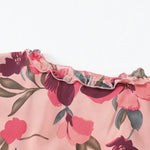 Pastel Red Floral Print Ruffle Trim Plunge Neckline Maxi Dress