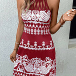 Loose Sleeveless Hollow Printed Split-Joint Halter-Neck Mini Dresses