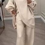 Solid Color Loose-fitting Turtleneck Knit Top and Elastic Waist Casual Pocket Straight Leg Pants