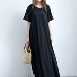 Simple Loose Short Sleeves Solid Color Round-Neck Maxi Dresses