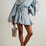 Yaron Denim Button Twisted Shape Wrap Long Balloon Sleeve Shirt Mini Dress