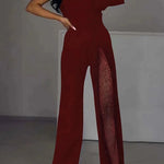 Margovil Stylish One Shoulder Slit Long Sleeve Mesh Splice Wide Leg Jumpsuit