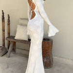 Margovil Bell Long Sleeves Backless Lace-up Shell Print Maxi Dress