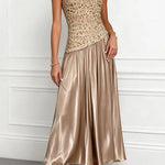 Mockneck Sleeveless Lace Splice Satin Maxi Dress