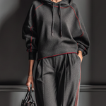 Women's Dark Gray Air Layer Red Contrasting Edge Hooded Sweatshirt And Straight Pants Set