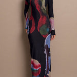 Boat Neck Long Sleeves Watercolor Print Maxi Dress