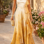 Mockneck Sleeveless Floral Print Ruffle Slit Maxi Dress