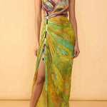 V Neck Sleeveless Printed High Slit Maxi Dress