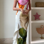 One Shoulder Side Draped Ruffle Slit Floral Print Maxi Dress