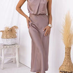 High Neck Zipper Back Waisted Satin Midi Dress