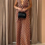 Margovil Chic Back Criss Cross Knot Waist Wide Leg Printed Jumpsuit
