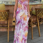 Margovil V Neck Backless Ruffle Trim Slit Floral Print Maxi Cami Dress