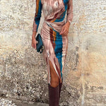 Margovil Mockneck Long Sleeve Slit Printed Bodycon Dress