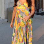 Margovil V Neck Printed High Waist Pleated Midi Cami Dress