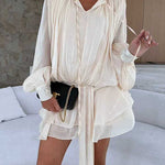 Margovil Lantern Long Sleeves Draped Ruffle Layered Mini Dress with Shorts