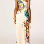 One Shoulder Floral Print Ruffle Hem Slit Maxi Dress