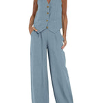 Women's Fashion Solid Color Vest Trousers Collage Stitching Cotton and Linen Casual Suit