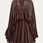Chic High Neck Sheer Ruffle Hem Cape Mini Dress