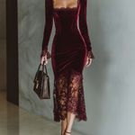 Women's Burgundy Velvet Lace Fitted Maxi Dress