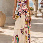 V Neck Abstract Paisley Print Chiffon Maxi Dress