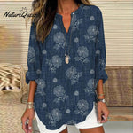 Distinctive Floral Print V - Neck Navy Top