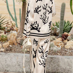 Margovil Coral Reef Print Long Sleeves Blouse Shirt Wide Leg Pants Satin Set