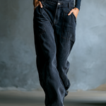 Women's Black Cotton One-shoulder Turtleneck Top And Blue-grey Denim Loose-fitting Overalls Set