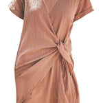 Margovil Solid Cross V Neck Tie Wrap Dress