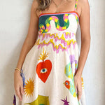 Feel Effortlessly Linen Blend Unique Print Smocked Back Midi Dress