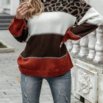 Leopard print color-blocked crew neck sweater