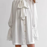A-Line Flared Sleeves Buttoned Elasticity Pleated Solid Color Tied Zipper Stand Collar Mini Dresses