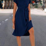 A-Line High Waisted Buttoned Solid Color Tied Waist Lapel Collar Midi Dresses Shirt Dress