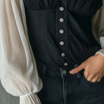 Retro Black Corset Blouse With Contrast Chiffon Sleeves