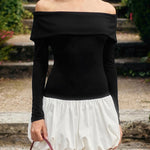 High Waisted Long Sleeves Contrast Color Pleated Split-Joint Off-The-Shoulder Mini Dresses