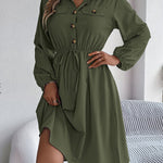 A-line Long Sleeves Buttoned Pleated Solid Color Tied Lapel Midi Dresses Shirt Dress