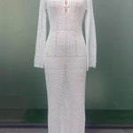 Hollow See-Through Smocked Solid Color Sun Protection Deep V-Neck Beach Cover-Up Maxi Dresses