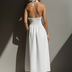 Women's Minimalist Cotton And Linen Blend Halter Neck V-neck Backless Midi Dress