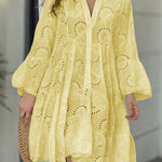 A-Line Flared Sleeves Buttoned Hollow Solid Color Split-Joint V-Neck Mini Dresses