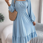 A-Line Elasticated Waist Pleated Ruffled Solid Color Square-Neck Midi Dresses