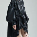 High-Low Long Sleeves Drawstring Pleated Solid Color Stand Collar Mini Dresses