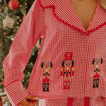 Nutcracker Charm Embroidered Gingham Loose Shirt and Elastic Waist Pajama Set